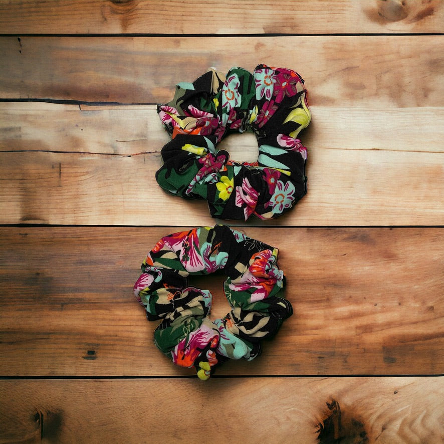 black, blue, and red tropical floral scrunchies