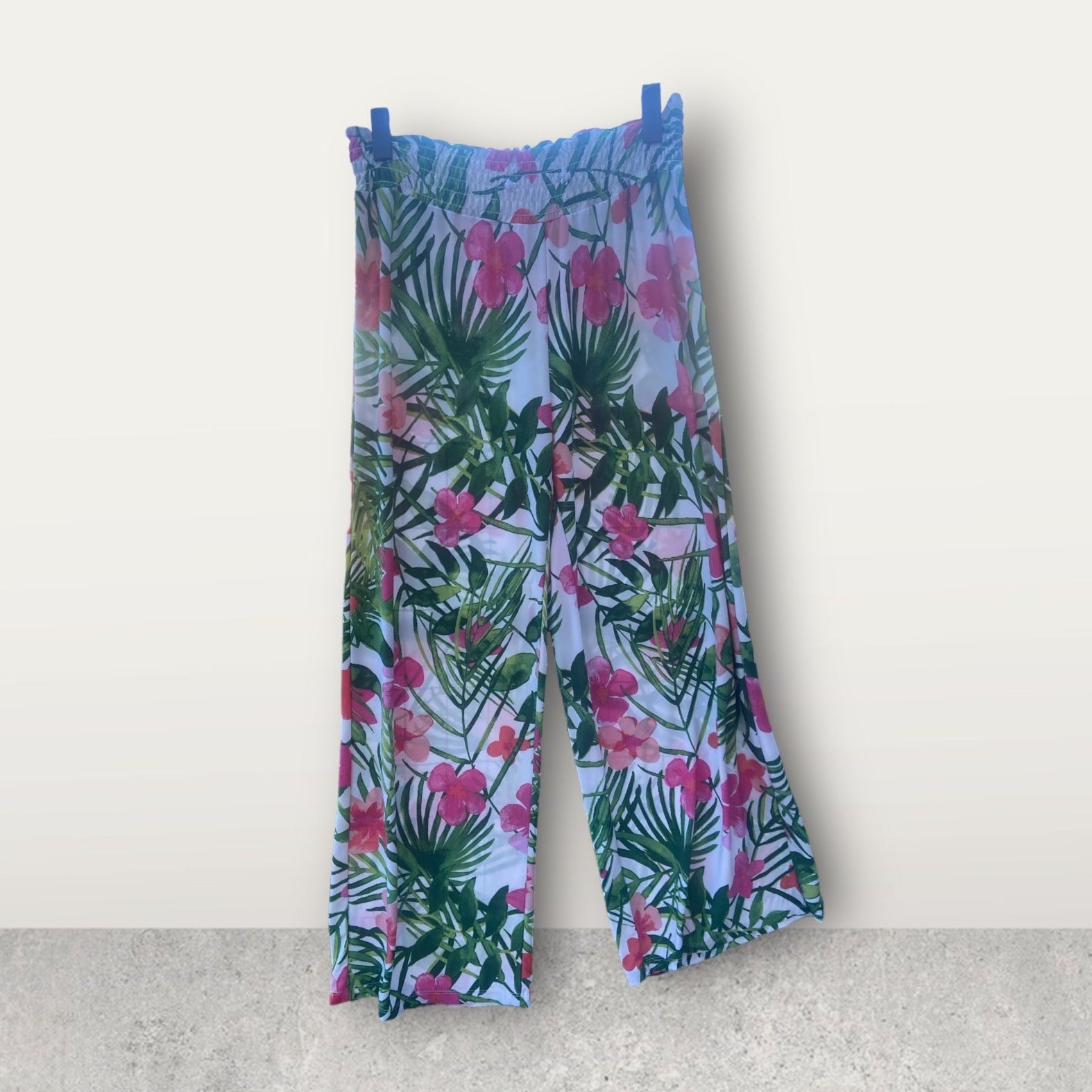 pink green and white floral pants