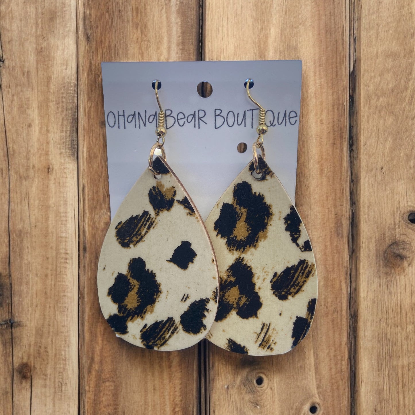 leopard tear drop wooden earrings