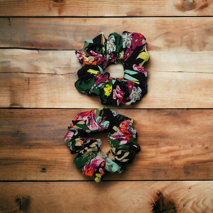 black, blue, and red tropical floral scrunchies