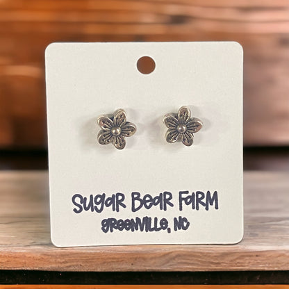 silver colored flower stud earrings