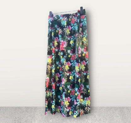 black, blue, and red tropical floral skirt