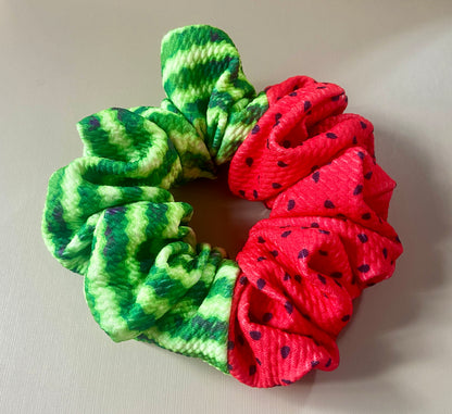 red and green watermelon half and half scrunchie