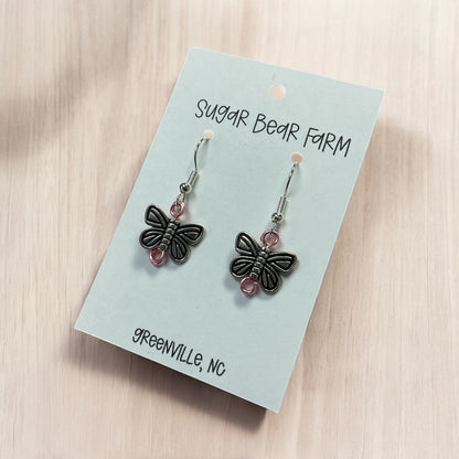 Butterly Earrings (Silver with pink wire)