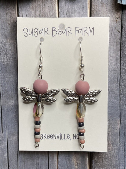 pink and gray beaded dragonfly earrings