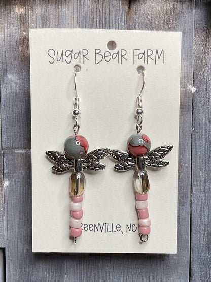 pink and white beaded dragonfly earrings