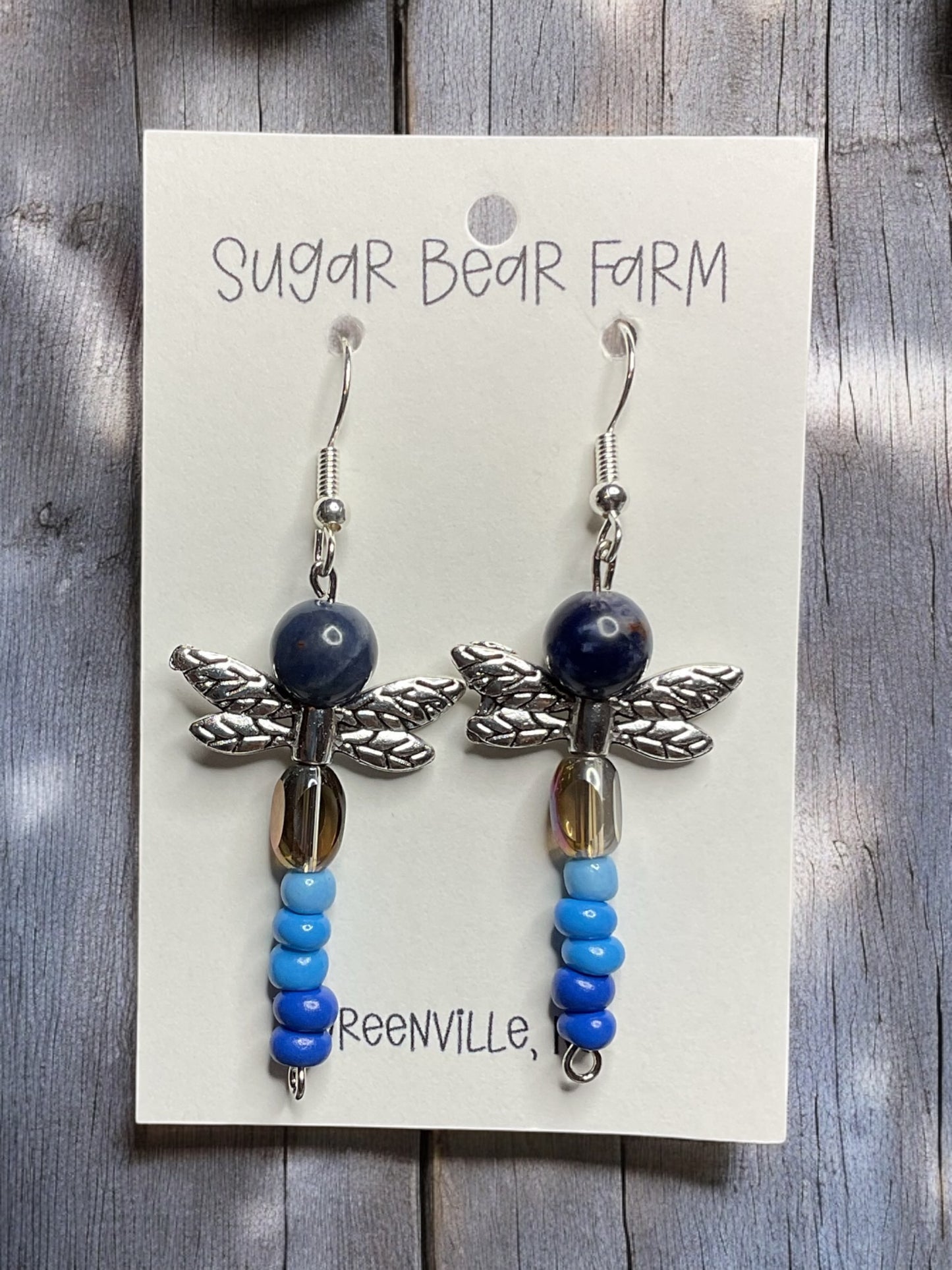 Blue beaded dragonfly earrings