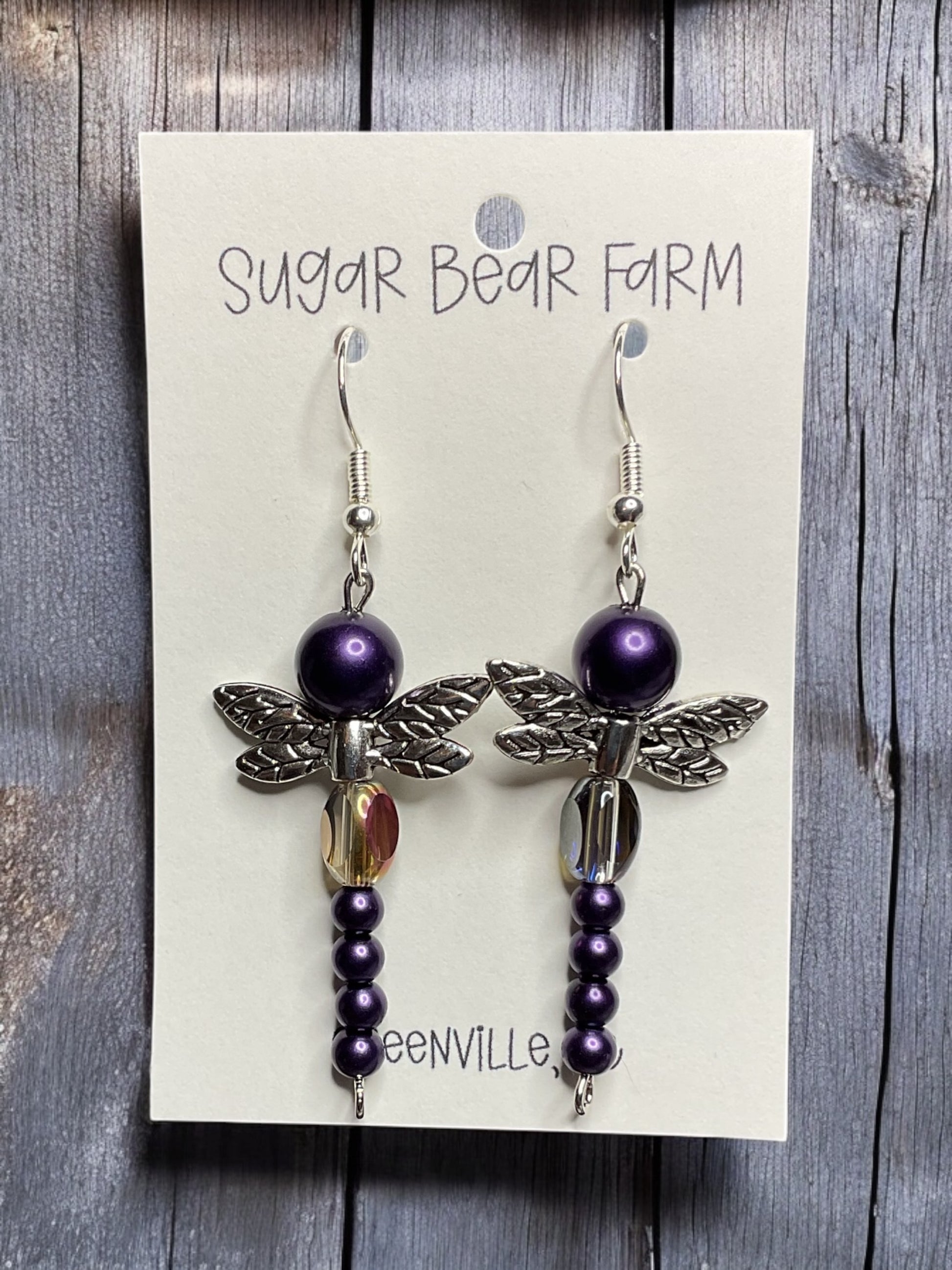 Purple beaded dragonfly earrings