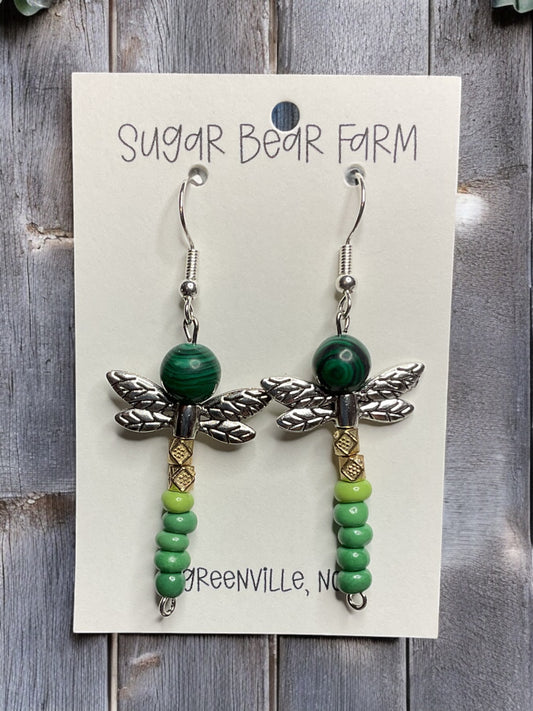 Dragonfly Earrings - Green Beaded