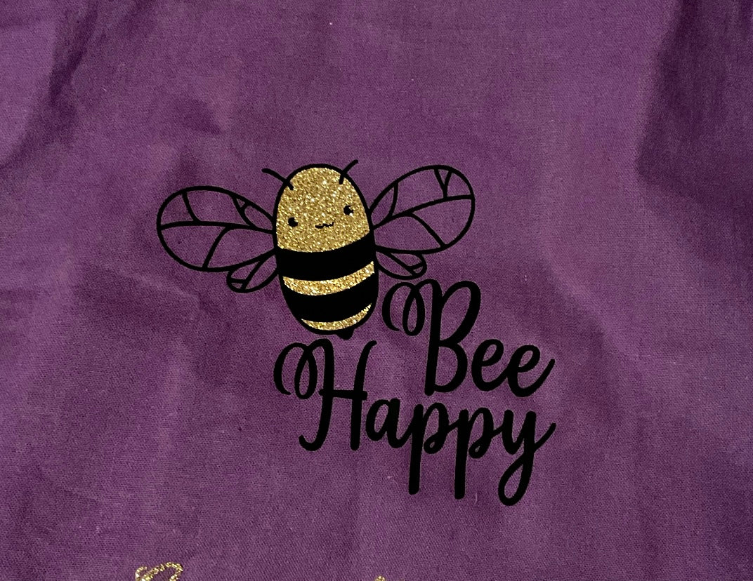 Bee Happy in glitter on purple bag