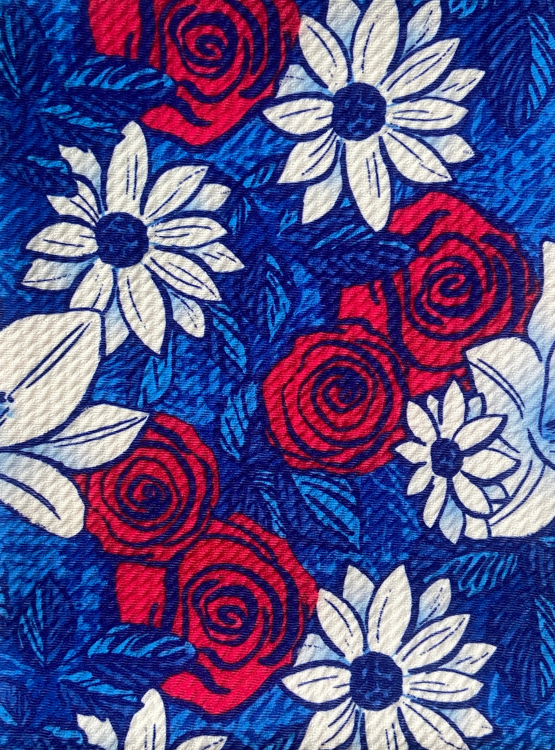 red, white, and blue floral fabric