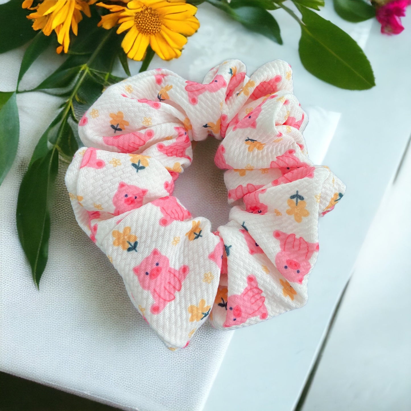 pink and white pig scrunchie