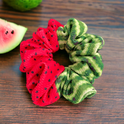 red and green watermelon half and half scrunchie