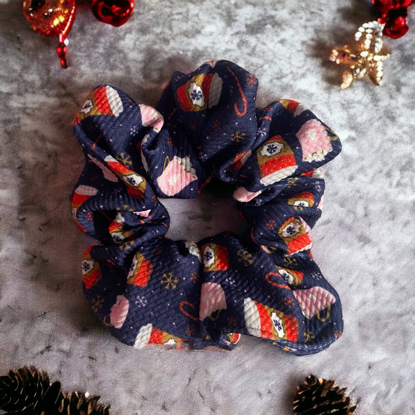 Winter Coffee and Snowflakes Dark Blue Scrunchies