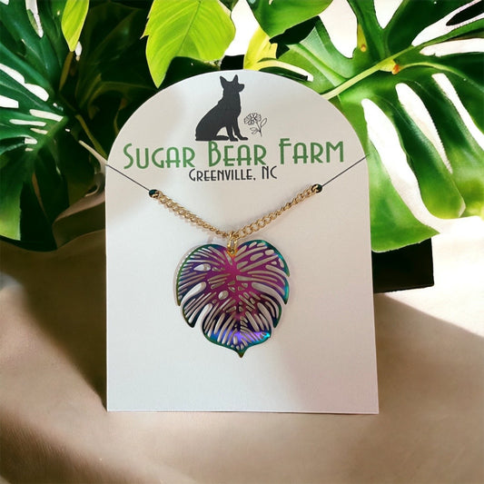 Rainbow Monstera Leaf Necklace