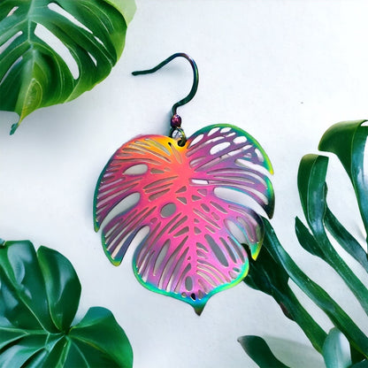 rainbow monstera earring