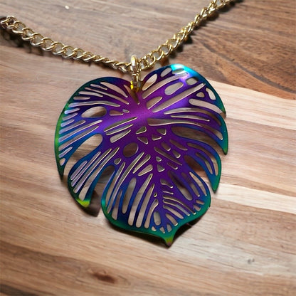 Rainbow Monstera Leaf Necklace