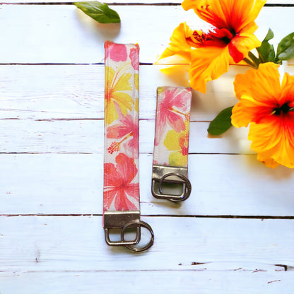 tropical pink and yellow wristlet and keychain