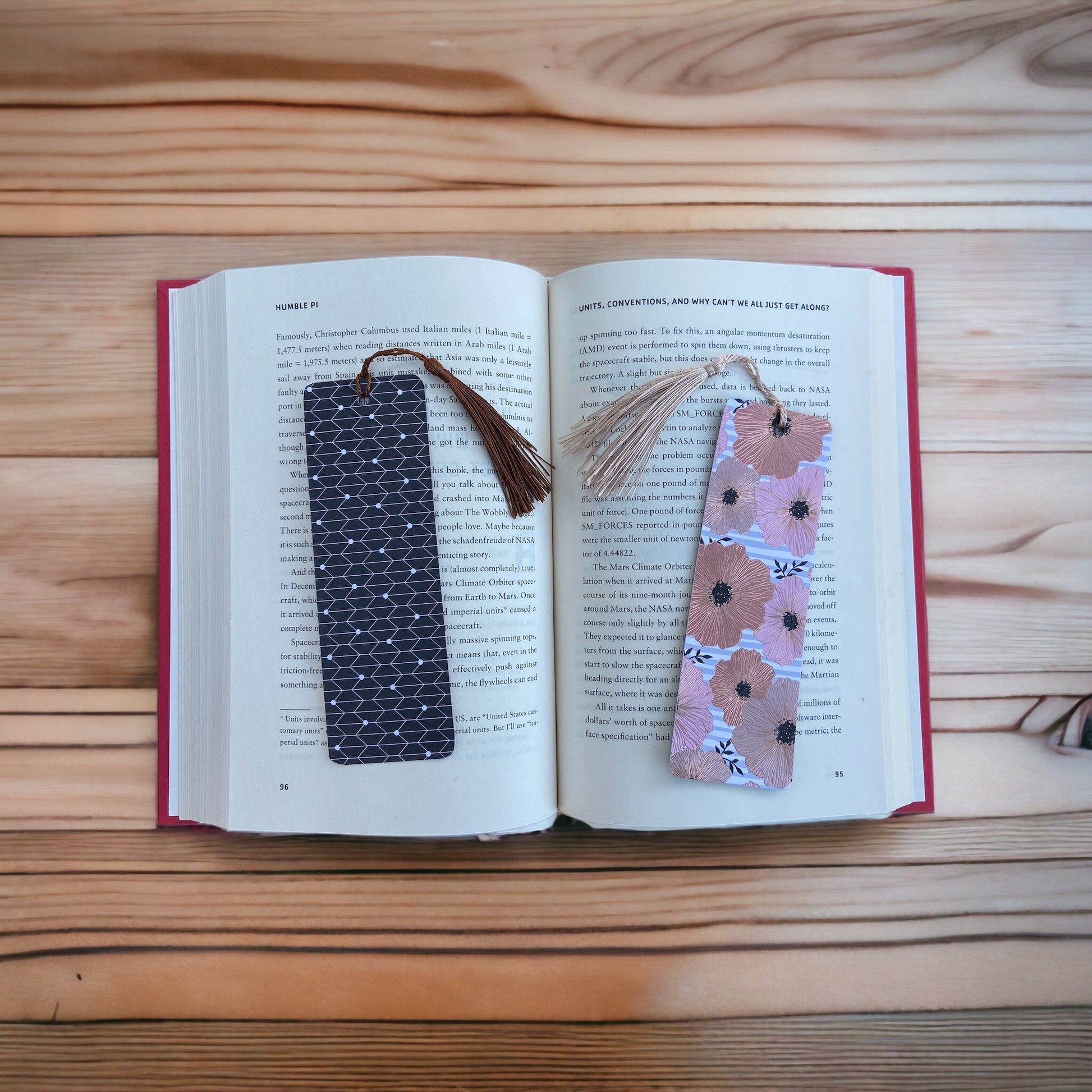 black and pink flower bookmarks on a book