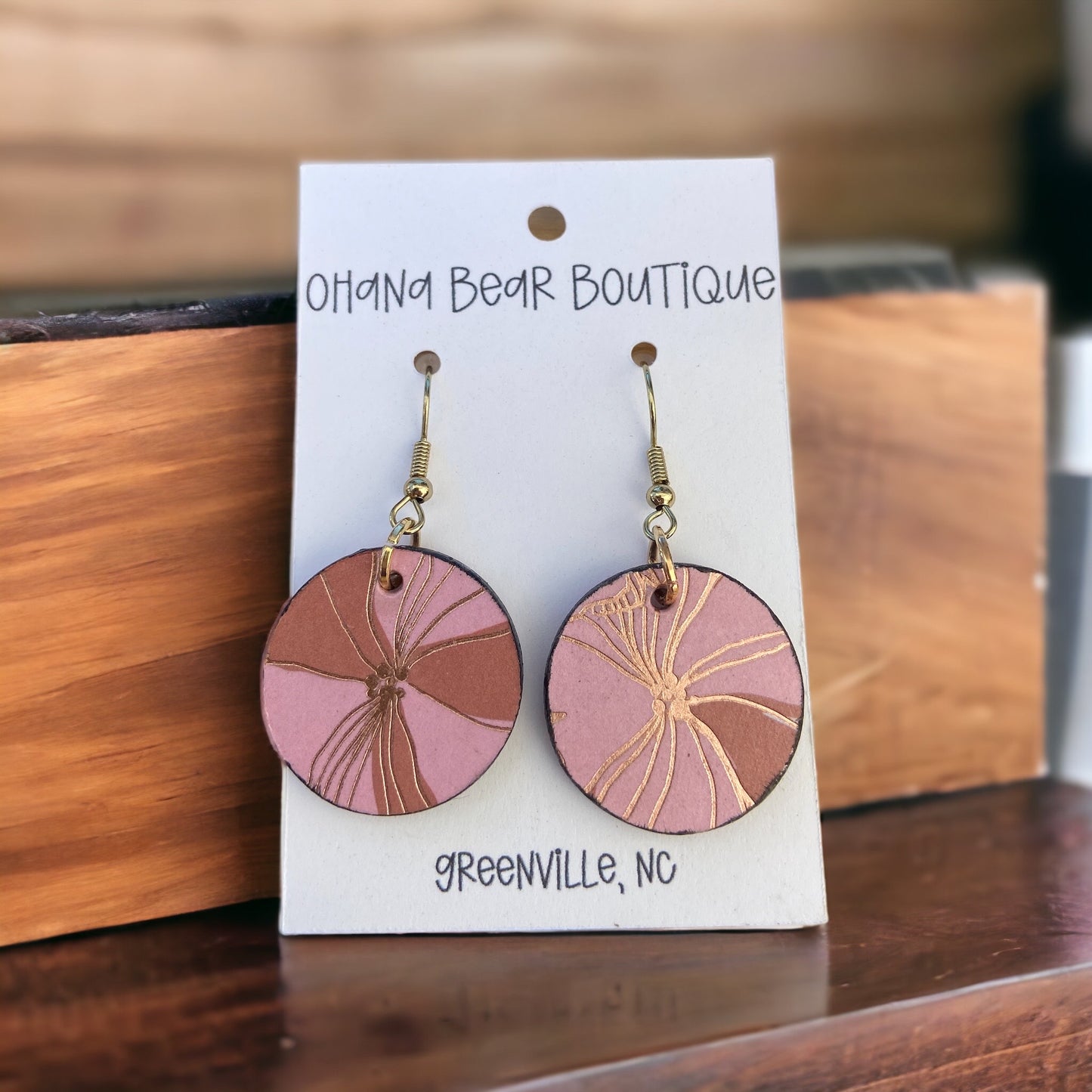 pink and gold flower wooden earrings