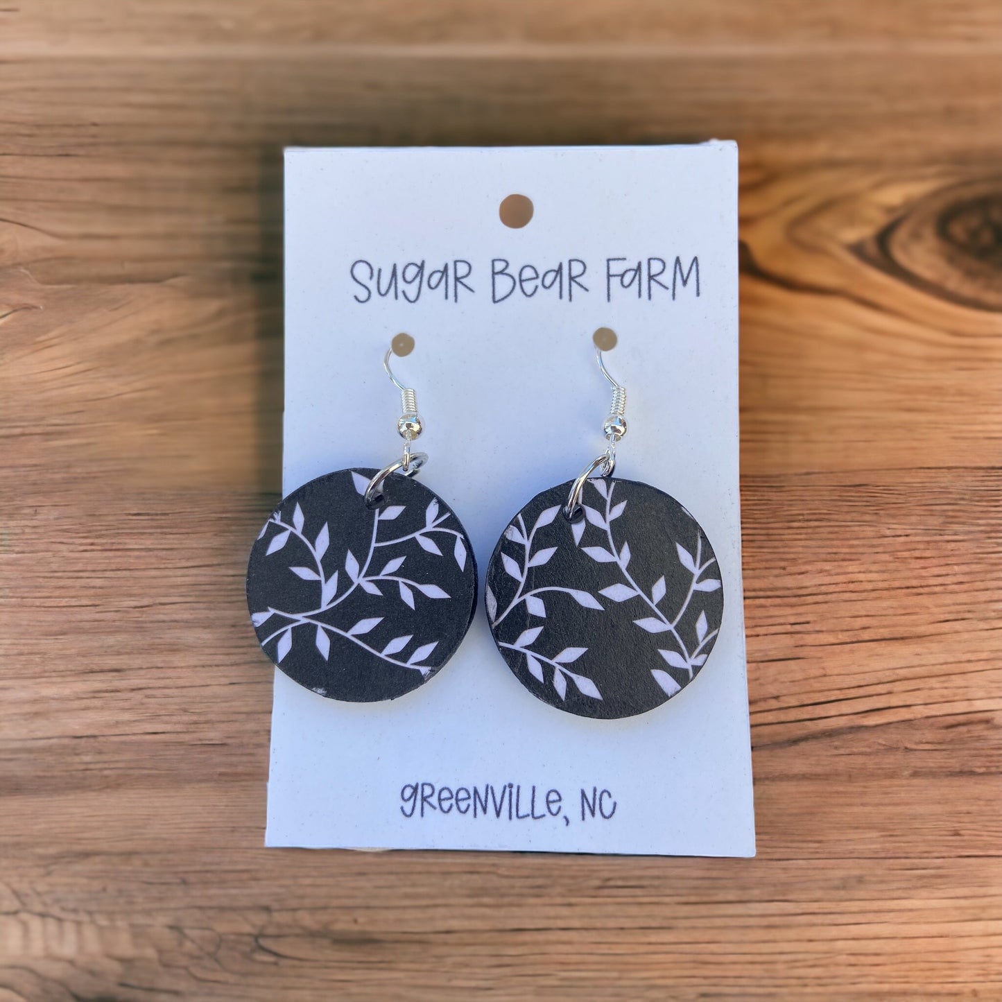 black and white vine wooden earrings