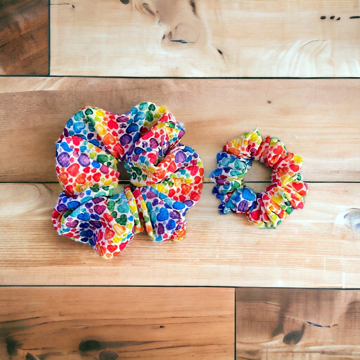 two rainbow hearts scrunchie