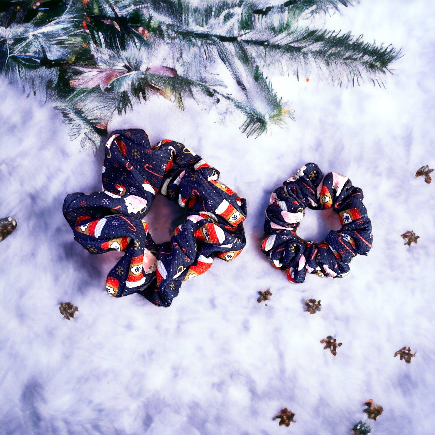 Winter Coffee and Snowflakes Dark Blue Scrunchies