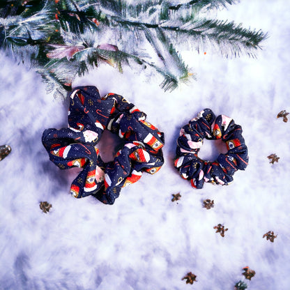 Winter Coffee and Snowflakes Dark Blue Scrunchies