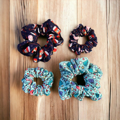 Winter Coffee and Snowflakes Dark Blue Scrunchies