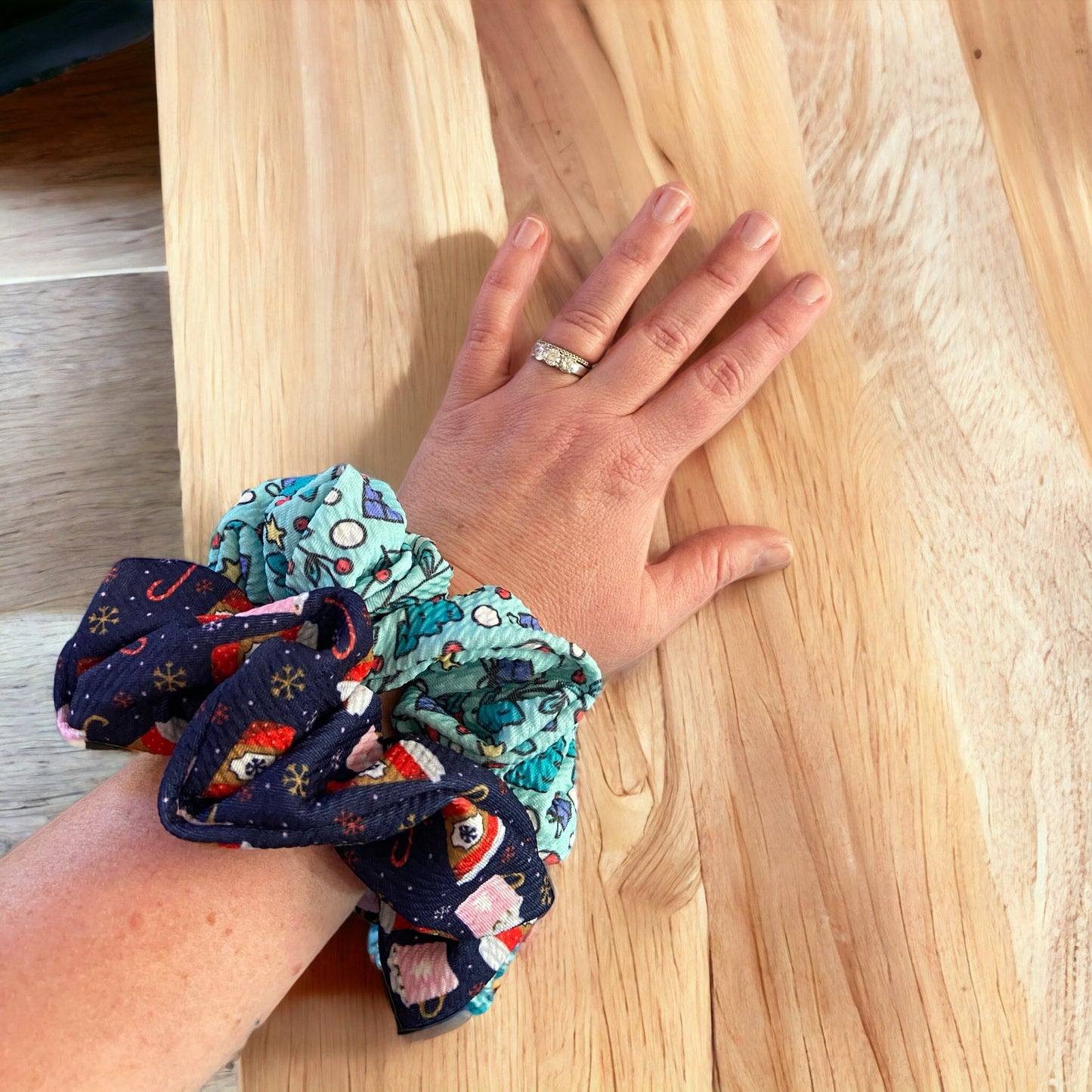 Winter Coffee and Snowflakes Dark Blue Scrunchies