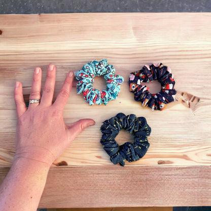 Winter Coffee and Snowflakes Dark Blue Scrunchies