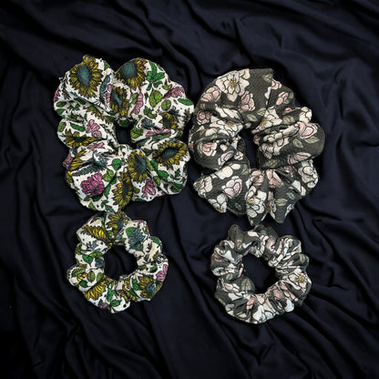 set of four black and white floral scrunchies