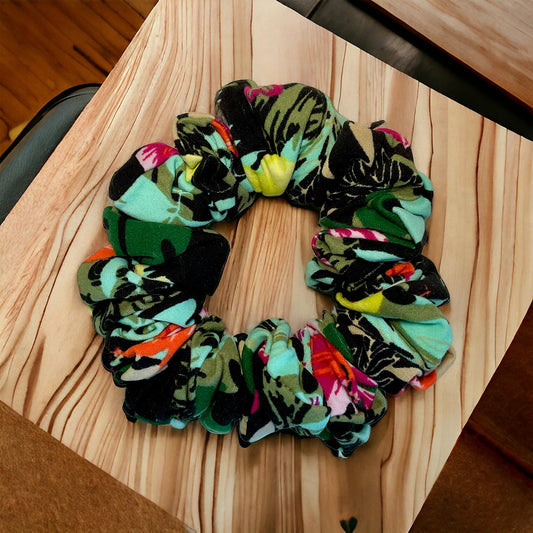 black, blue, and red tropical floral scrunchie