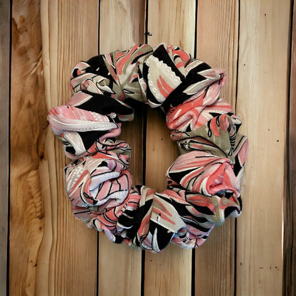 pink, black, and white marble scrunchie