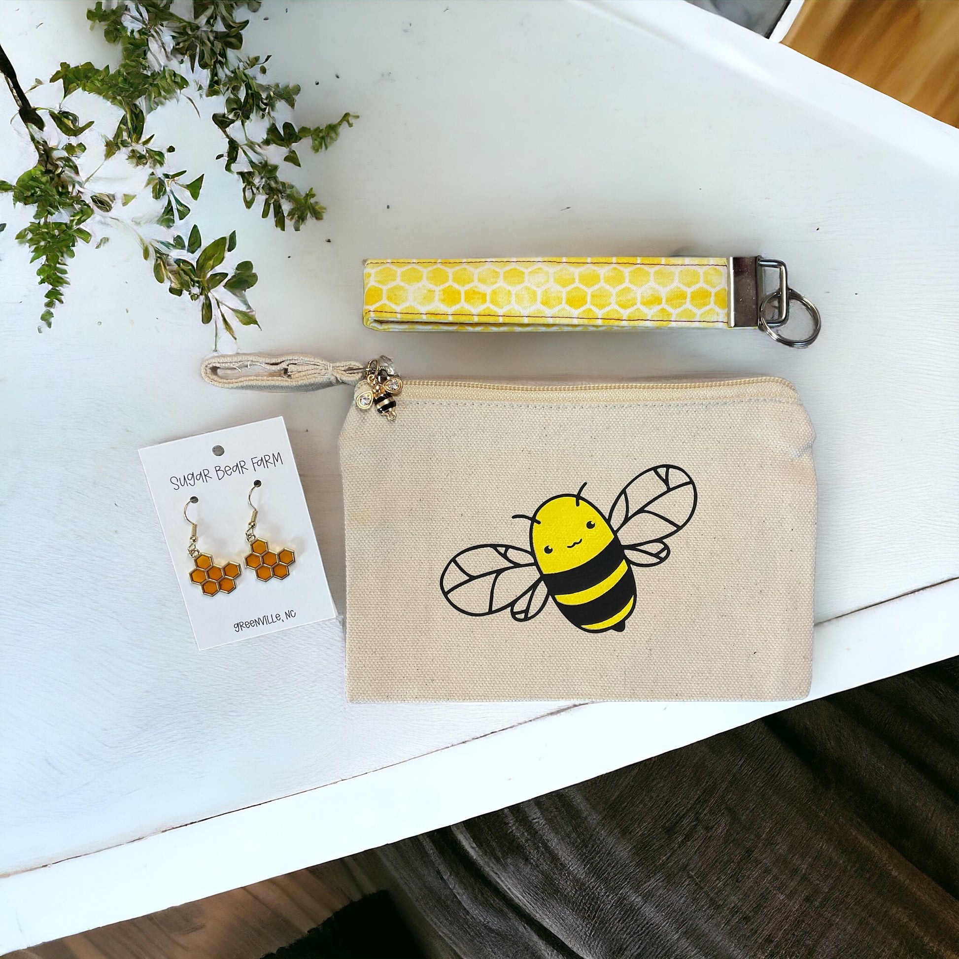 Bumble Bee makeup bag, honeybee wristlet, and bee earrings