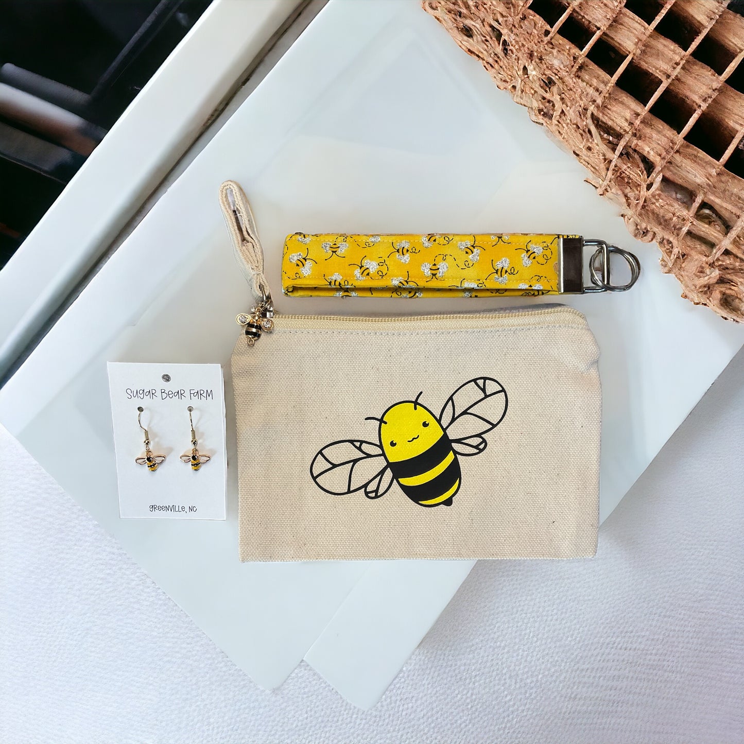 Bumble Bee makeup bag, honeybee wristlet, and bee earrings