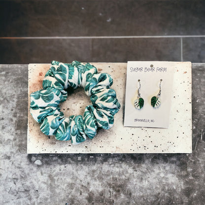 Monstera leaf scrunchie and monstera albo earrings