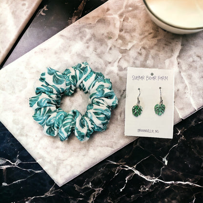 Monstera leaf scrunchie and monstera thai constellation earrings