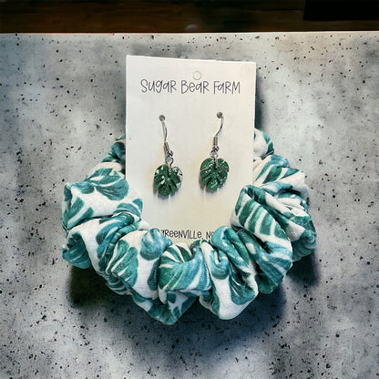 Monstera leaf scrunchie and monstera albo earrings