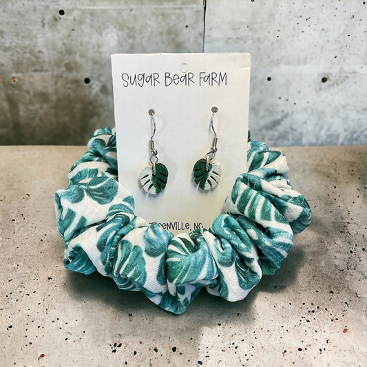 Monstera leaf scrunchie and monstera albo earrings