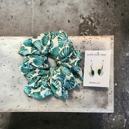 Monstera leaf scrunchie and monstera albo earrings