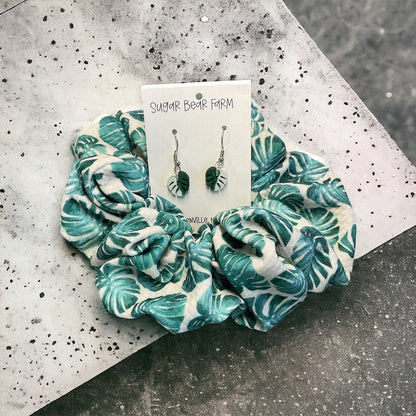 Monstera leaf scrunchie and monstera albo earrings