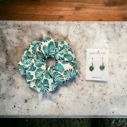 Monstera leaf scrunchie and monstera thai constellation earrings