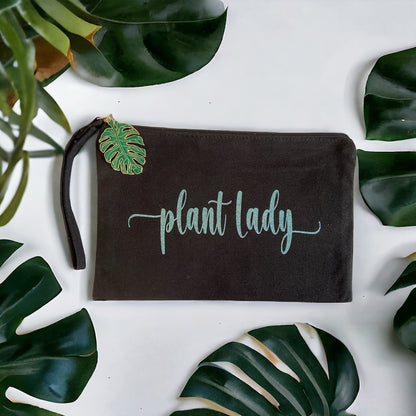 plant lady black makeup bag with monstera charm