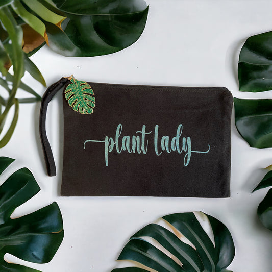 plant lady black makeup bag with monstera charm