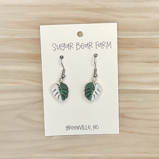 Pair of hand painted wooden monstera albo earrings