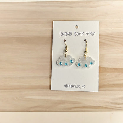 white cloud earrings with raindrops