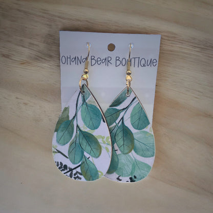 green leaves wooden earrings