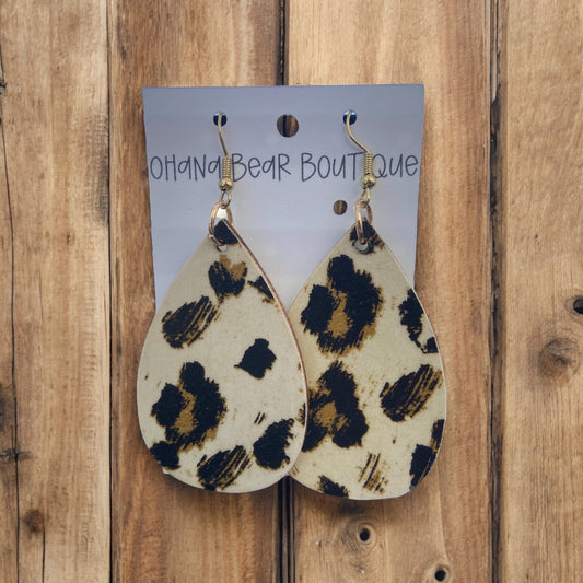 leopard tear drop wooden earrings