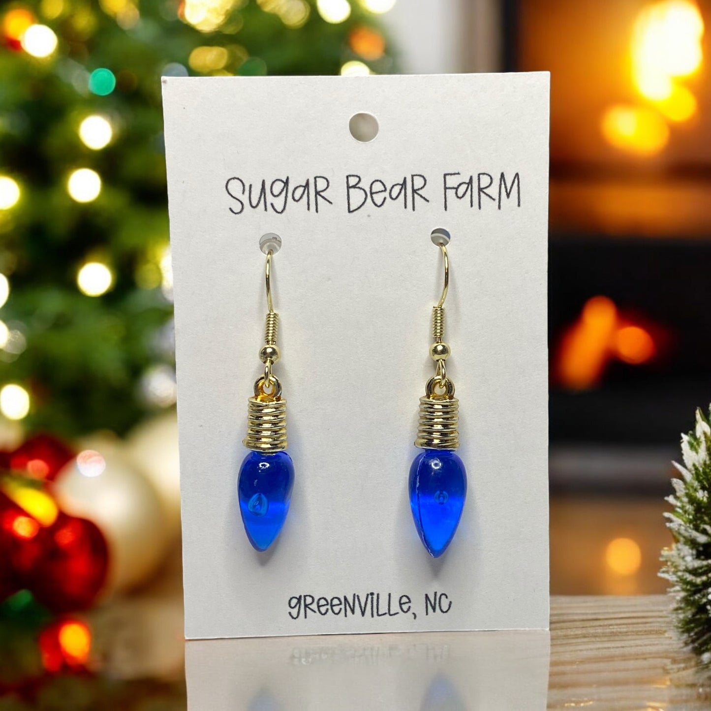 Blue pair of Christmas light earrings